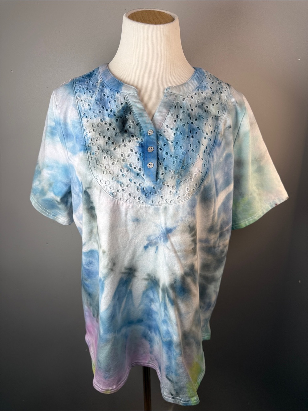 Blue Tie-Dye Eyelet Henley Top